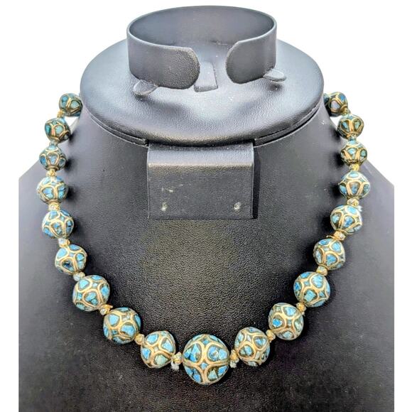 Antique Hand Made Ethnic Turquoise Inlay Non-Magnetic Graduated Bead Necklace - Picture 1 of 12